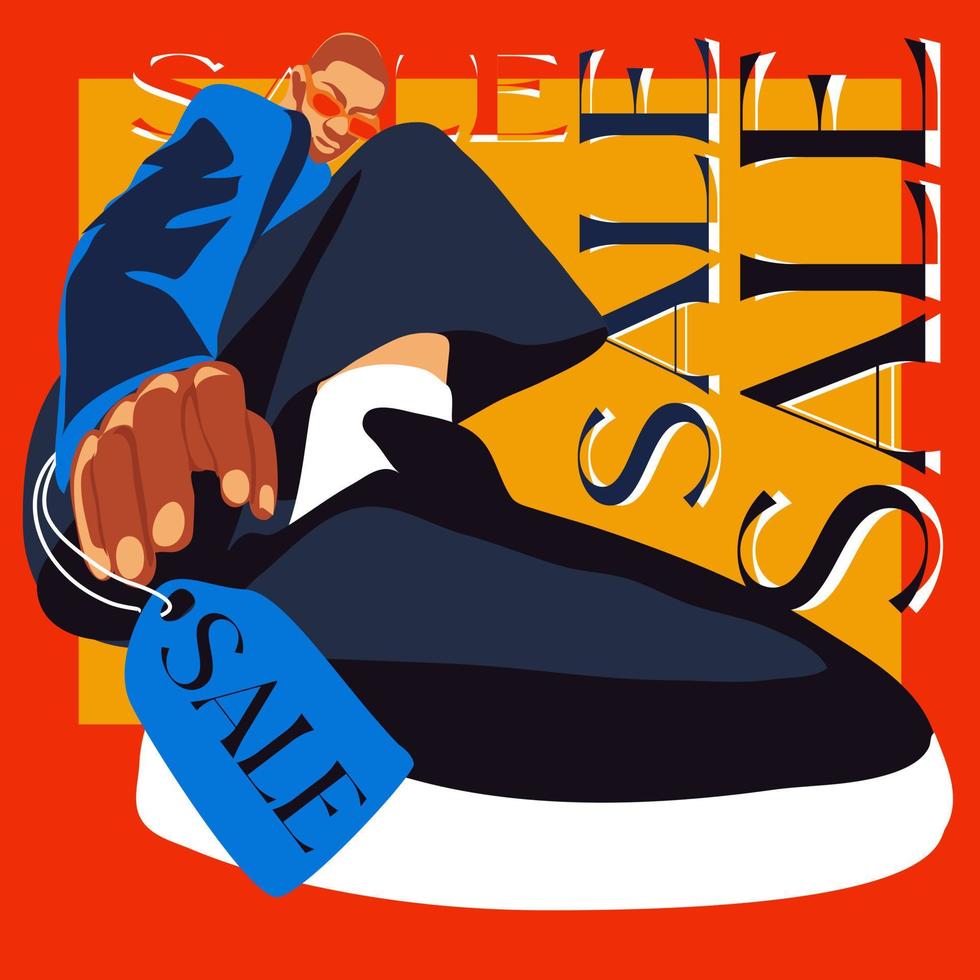 A modern trendy guy in big sneakers. Stylish young guy with big shoes. Discount, Black Friday or seasonal sale, promotion. Bright, modern advertising a banner with a fashionable sale of stylish things vector