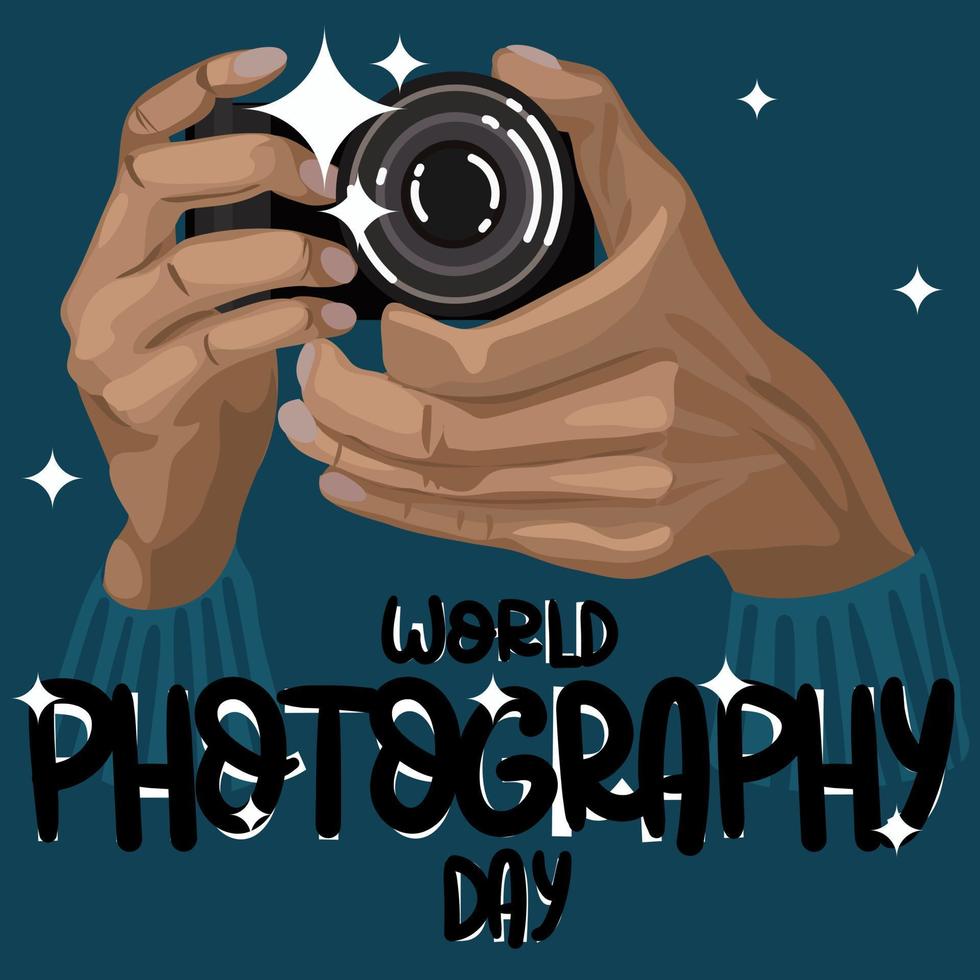 World Photographer's Day. A modern camera in men's hands on a blue background with flashes. Hands take pictures. Printing on paper and textiles. Greeting cards for the holiday vector