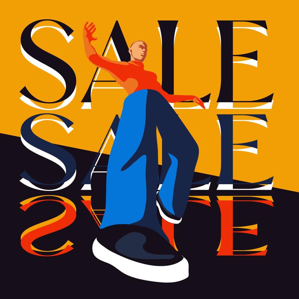A modern trendy guy in big sneakers. Stylish young guy with big shoes. Discount, Black Friday or seasonal sale, promotion. Bright, modern advertising a banner with a fashionable sale of stylish things vector