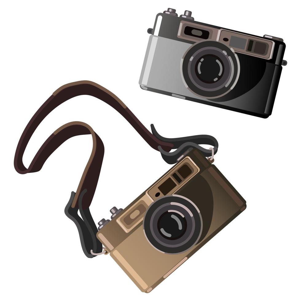 Retro camera set in vector illustration. The camera has brown and black colors on a white background. Realistic camera. Camera on a strap and without