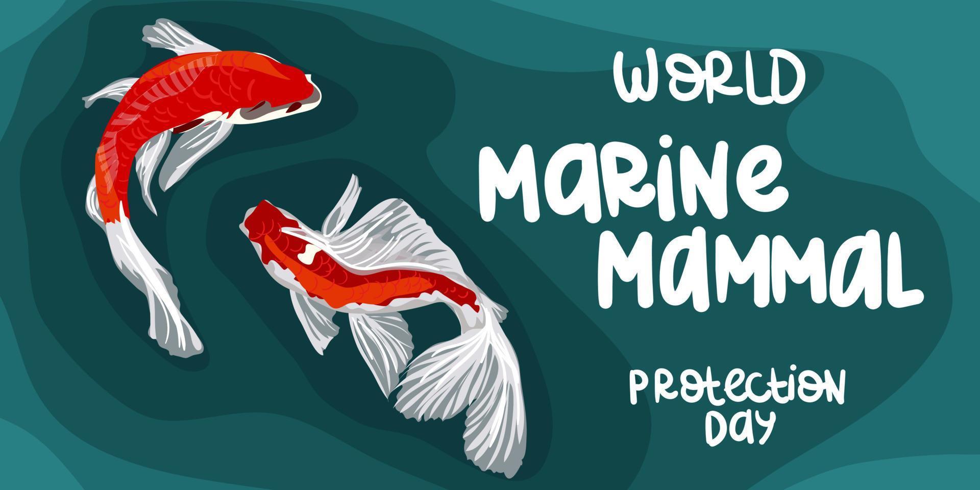 World Marine Mammal Protection Day, an idea for a vector illustration of a poster, banner, leaflet or postcard. Koi fish on a blue background with an inscription. Orange fish swim in the water.