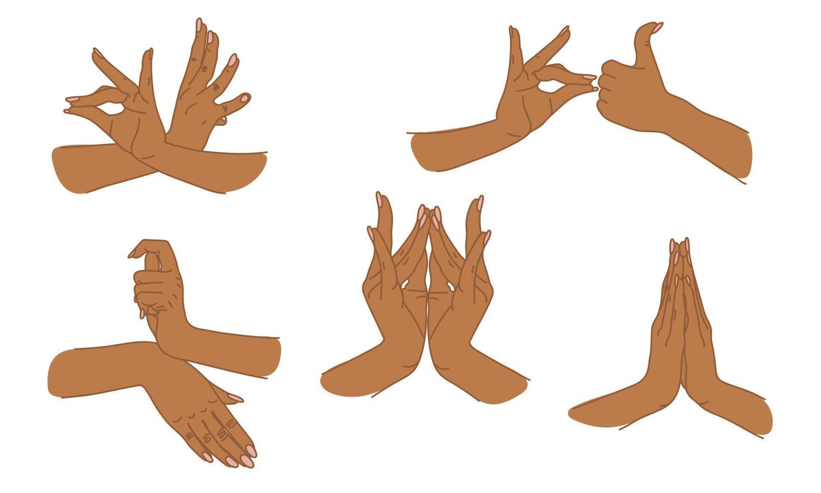Different traditional hand signs of a dancing woman. Indian classical dance Bharatanatyam mudra. Alapadma hasta. Beautiful set of hands in Indian dance. Color vector illustration.