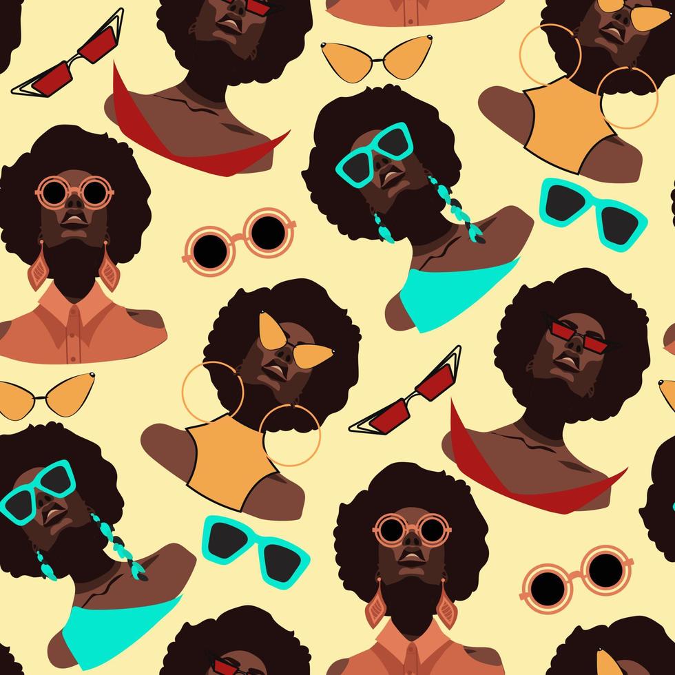 modelo de moderno africano mujer en retro estilo y lentes. pelo rizado afroamericano mujer Mira a usted en diferente lentes. antecedentes para el óptica almacenar, embalaje. antecedentes en retro colores vector