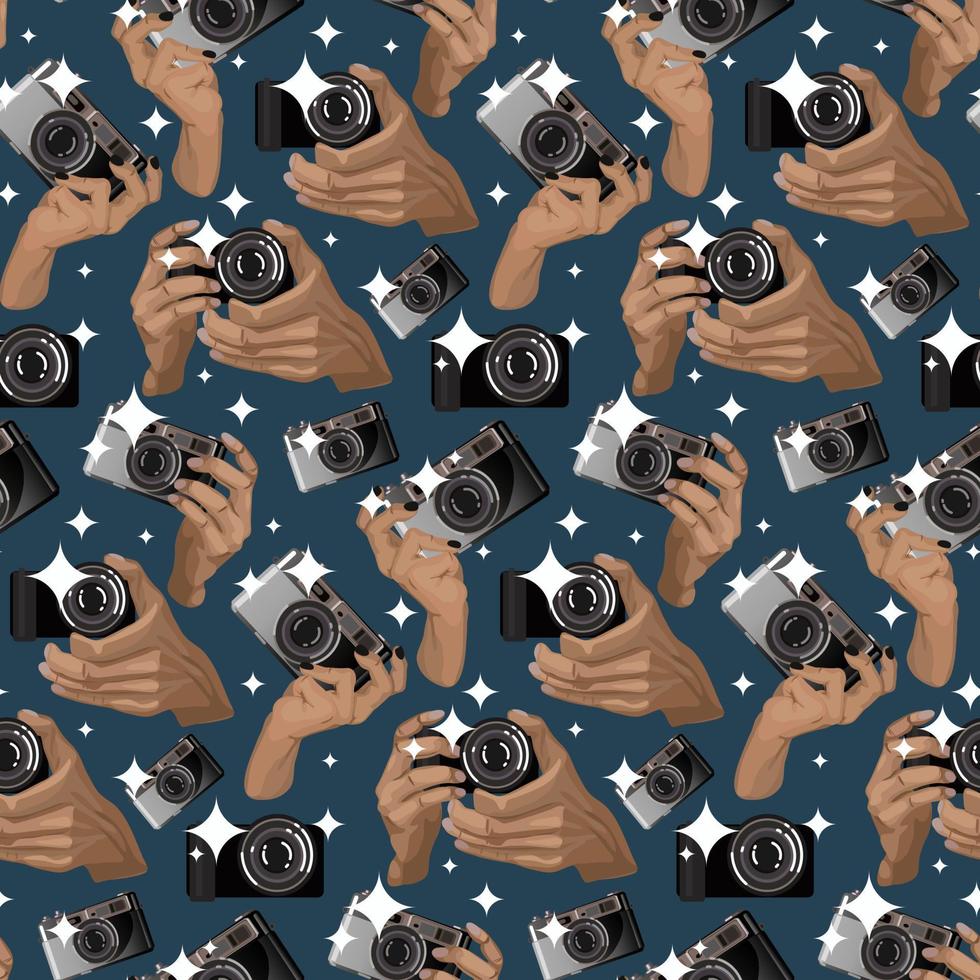 A pattern with a retro camera in his hands with a flash on a blue background. Brown-gray camera in the replay. Background for printing on textiles and paper. Retro-themed with camera and hands vector