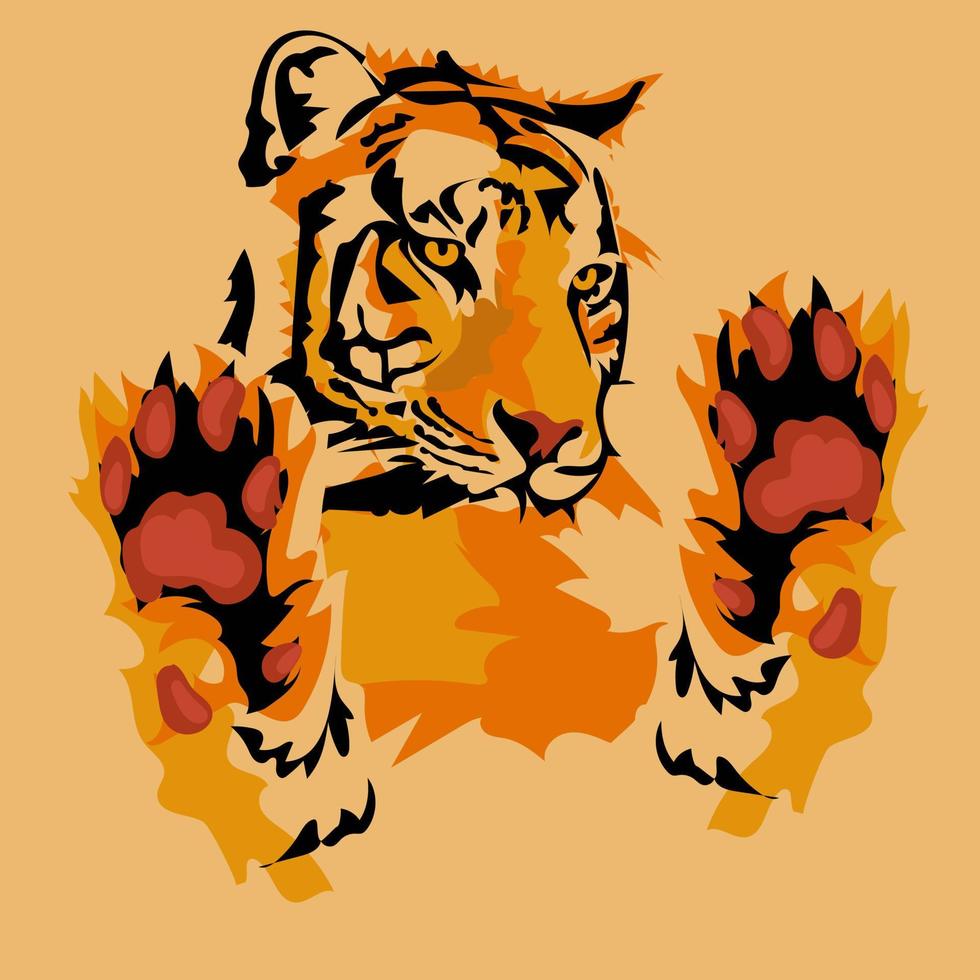 Vector illustration in realistic stylized style of a wild tiger with paws, on a beige background. Shades of orange. Cute tiger behind the glass. Circuses without animals. Lion with raised paws