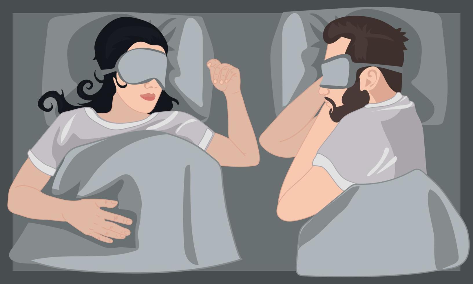 Banner sleeping man and woman. A happy young family is fast asleep, they have a good dream. The family is lying in bed under a soft duvet and sleeping soundly. Sleep tight, sweet dreams concept Vector