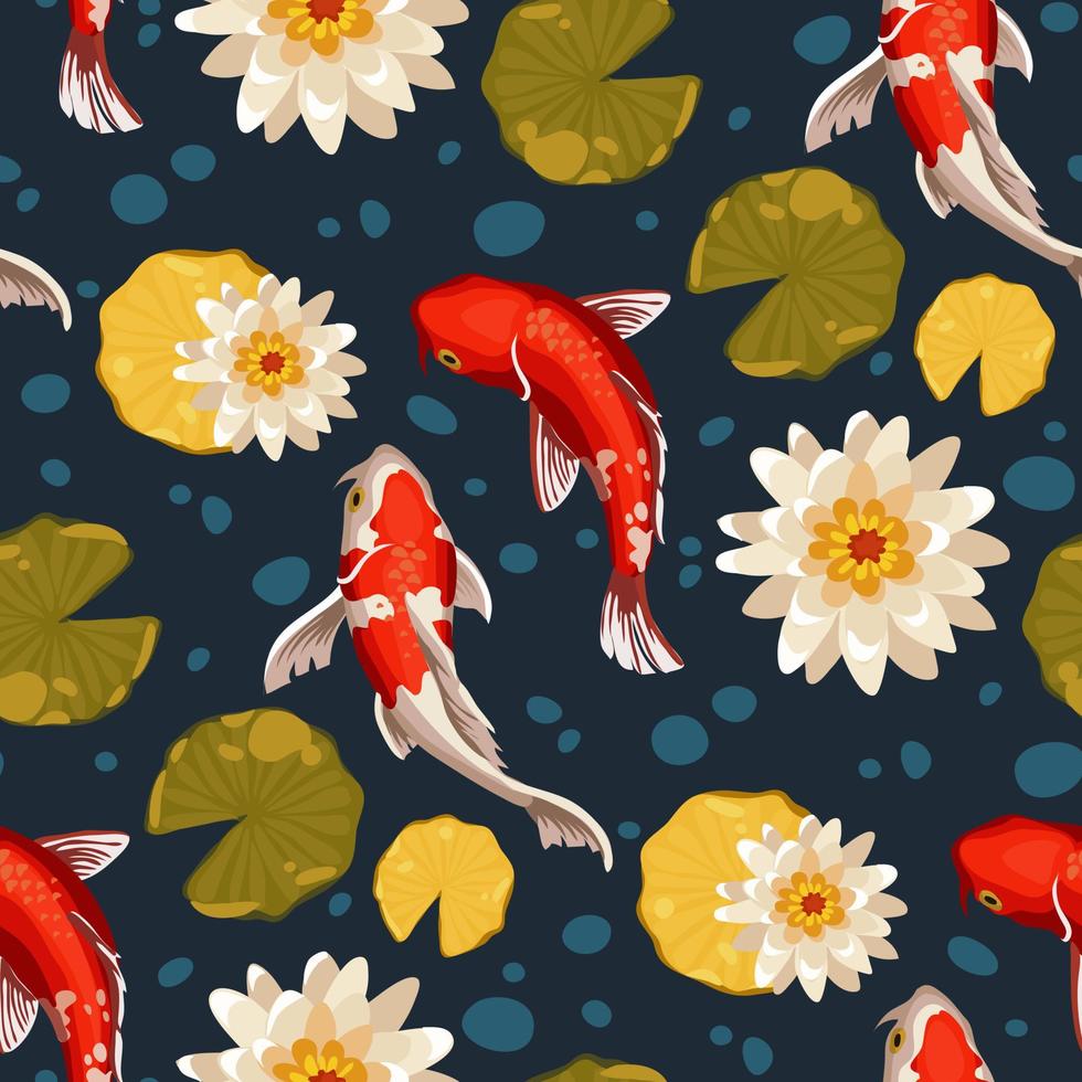 Pattern of orange koi fish, lilies, leaves on a blue background with bubbles. Asian background, background design with abstract  in oriental Japanese style with koi fish. Carp swims in the water vector