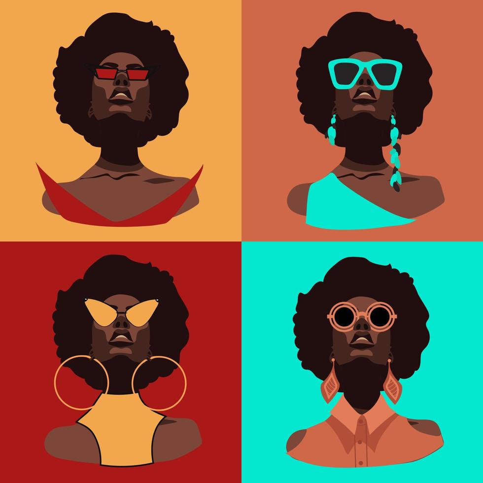 A set of modern African women in retro style and glasses. Curly-haired African-American women look at you in different glasses. Vector illustration of a strong woman. Banner in bright juicy colors.