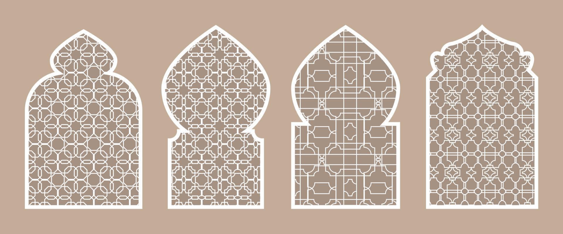 Collection of Islamic windows and arches in the Oriental Ramadan style with a modern design. Texture on the windows. Islam, India, Eastern countries. A set of windows and doorways of different colors vector