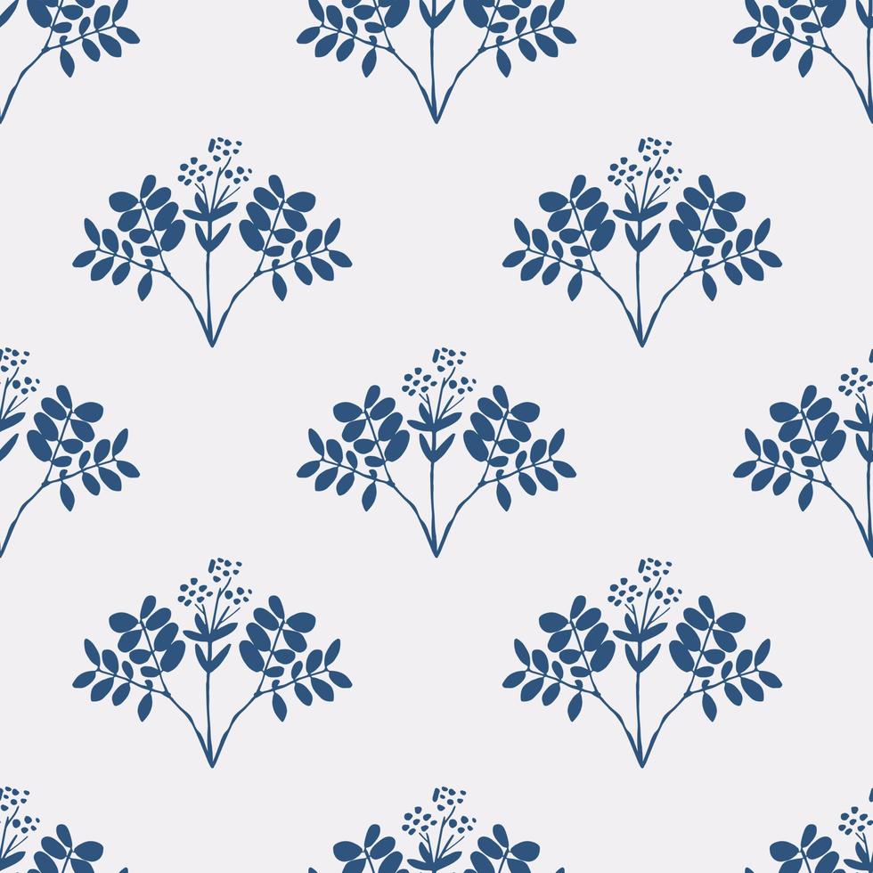 Floral pattern with herbs, leaves and plants. Indigo seamless print. vector