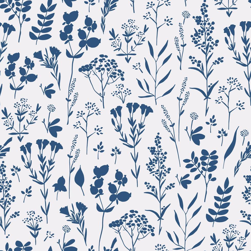 Floral pattern with herbs, leaves and plants. Indigo seamless print. vector