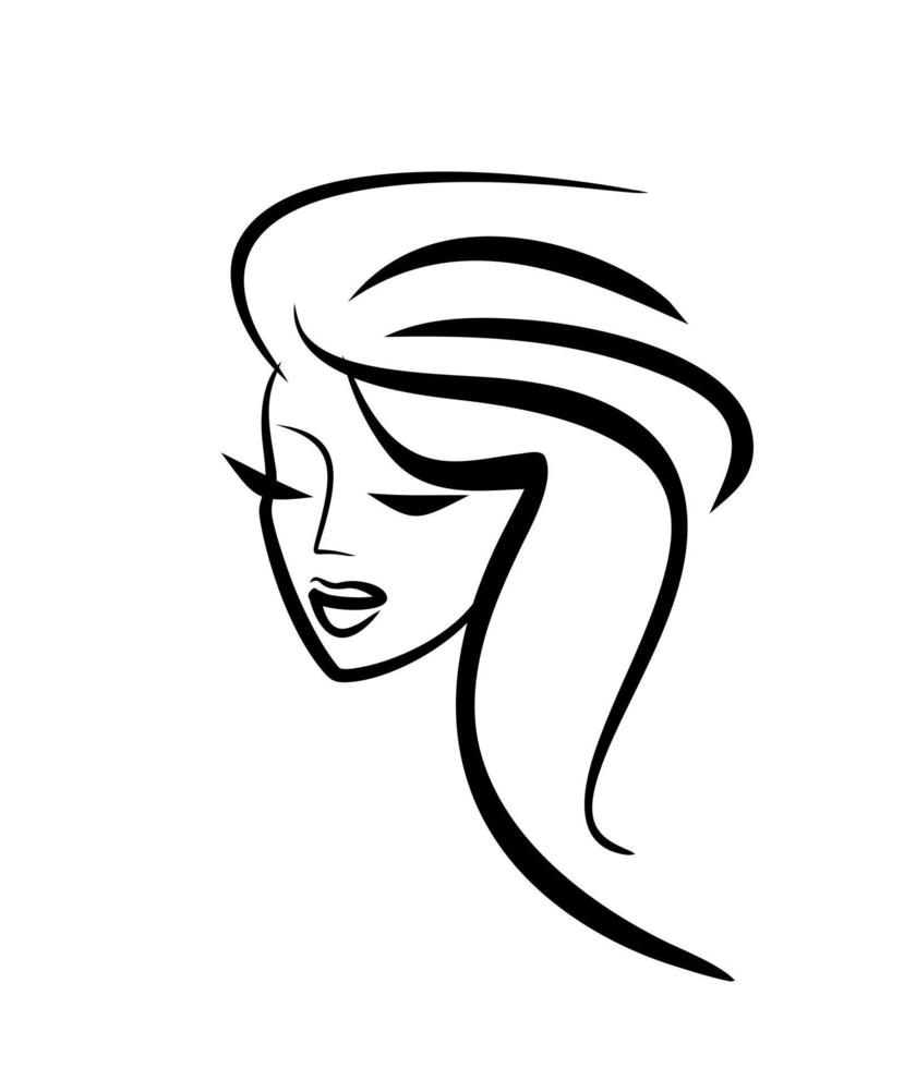 Beauty salon logo. Face girl icon. Barber woman haircut emblem. Beautiful long fluffy hair. vector