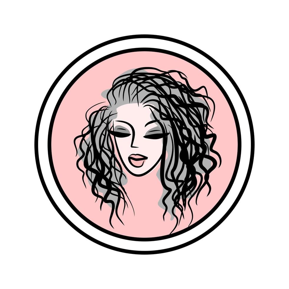 Hairstyle sketch. Barber woman emblem. Beauty salon logo. Beautiful long curly hair. Lady face icon. vector