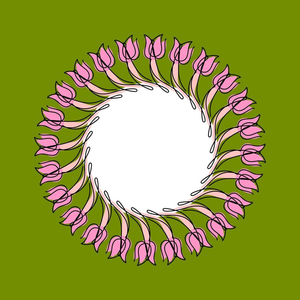 Tulips frame. Flowers border. Spring ornament circle. Postcard with place for text. vector