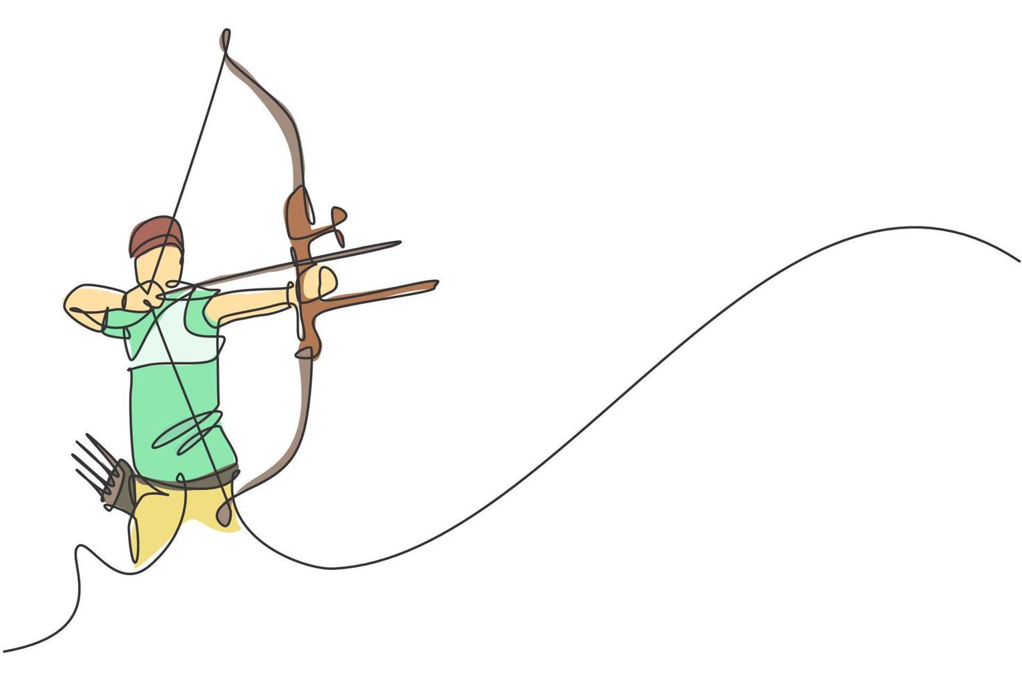 One single line drawing of young archer man focus exercising archery to hit the target graphic vector illustration. Healthy refresh shooting with bow sport concept. Modern continuous line draw design