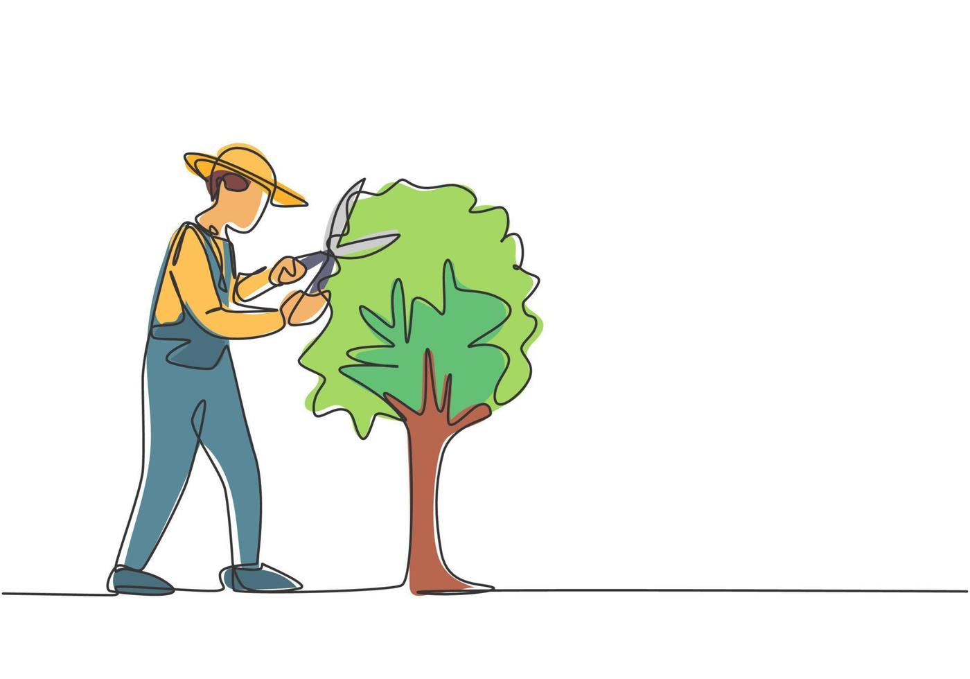 Single one line drawing of young male farmer cut the leaves on the tree using plant scissors. Farming challenge minimalist concept. Modern continuous line draw design graphic vector illustration.