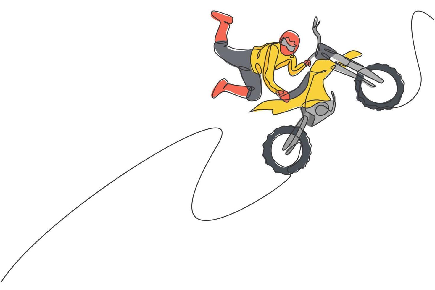 un dibujo de una sola línea de un joven piloto de motocross hace un peligroso truco de estilo libre en la ilustración del vector de pista. concepto de deporte extremo. diseño moderno de dibujo de línea continua para banner de evento de carrera de motocross