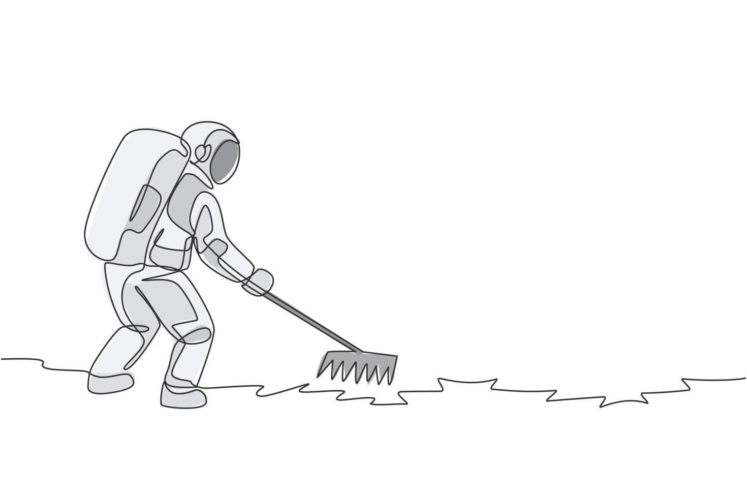One continuous line drawing of spaceman leveling and flattening land using metal rake in moon surface. Deep space farming astronaut concept. Dynamic single line draw design vector illustration graphic