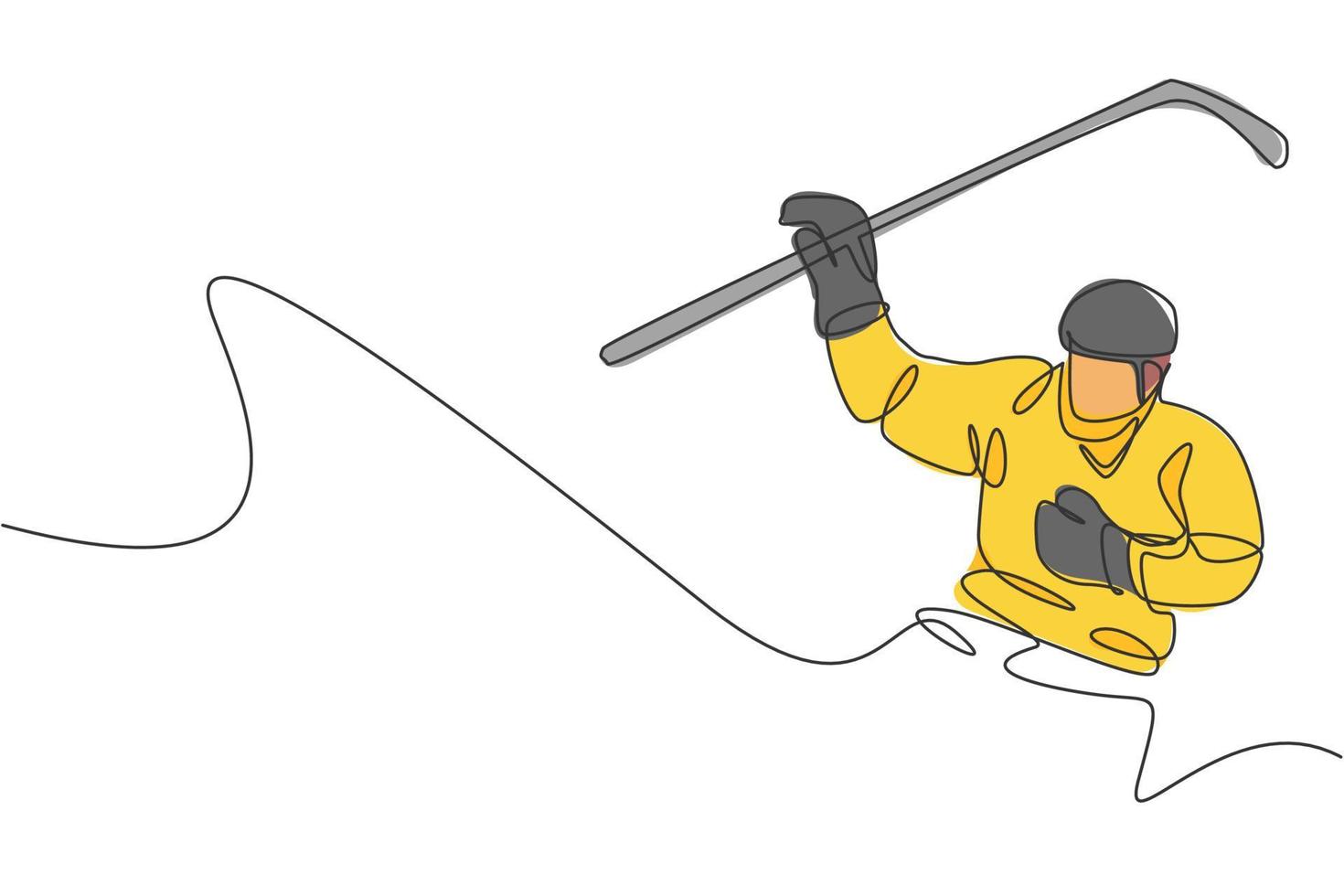 Single continuous line drawing of young professional ice hockey player hit the puck and attack on ice rink arena. Extreme winter sport concept. Trendy one line draw design graphic vector illustration