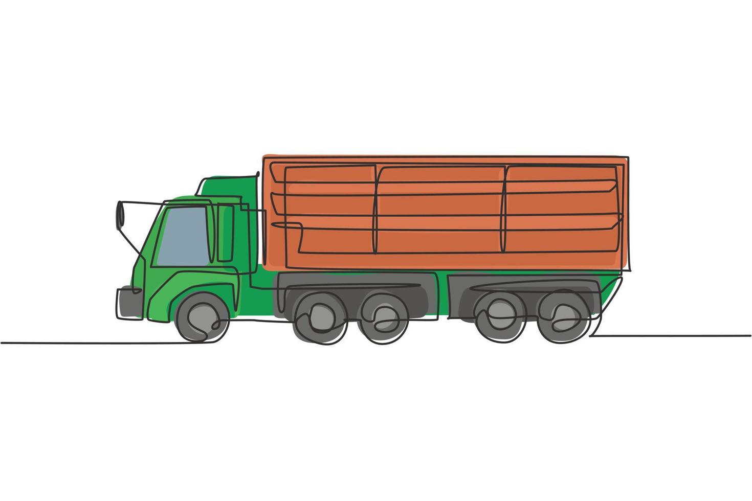 dibujo de una sola línea de la ilustración de vector de remolque de camión largo. vehículos comerciales comerciales. vehículos de máquinas pesadas para el concepto de entrega logística. diseño de dibujo gráfico de línea continua moderna