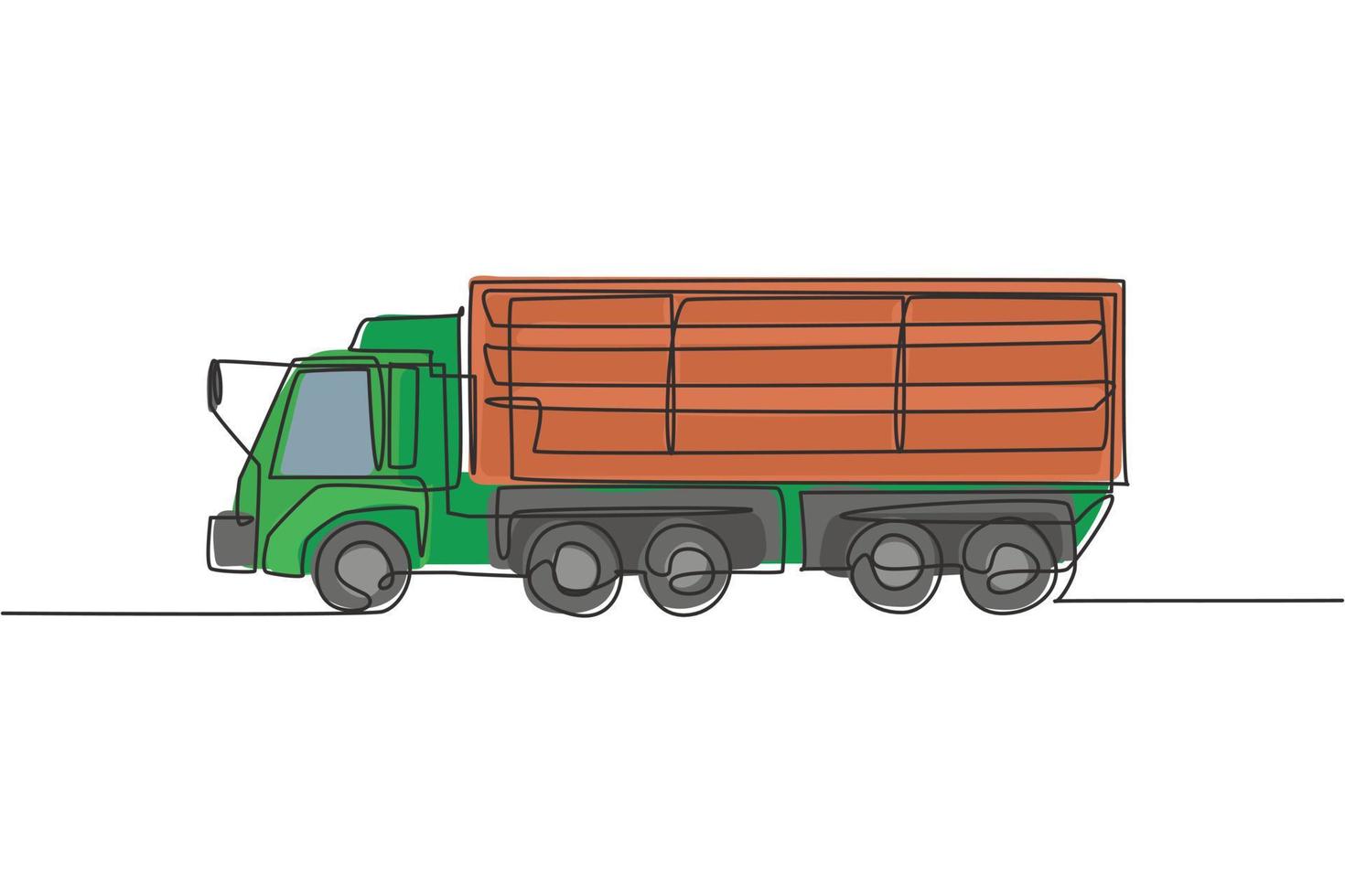One single line drawing of long truck trailer vector illustration. Business commercial vehicles. Heavy machines vehicles for logistic delivery concept. Modern continuous line graphic draw design