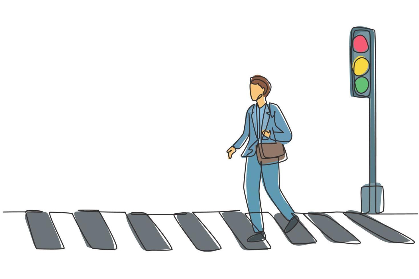 Continuous one line drawing a male worker crosses the road on the zebra crossing after returning from work. There's a traffic light there too. Single line draw design vector graphic illustration.