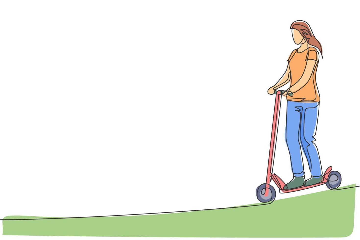 Dibujo de línea continua única joven feliz montando scooter eléctrico en el área pública. transporte ecológico. concepto de estilo de vida urbano. Ilustración de vector de diseño gráfico de dibujo de una línea de moda