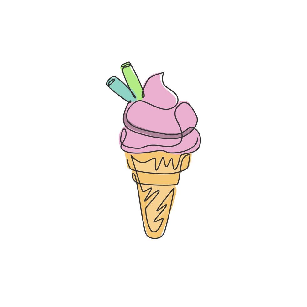 One continuous line drawing of fresh delicious ice cream cone restaurant logo emblem. Dessert sweet icecream cafe shop logotype template concept. Modern single line draw design vector illustration
