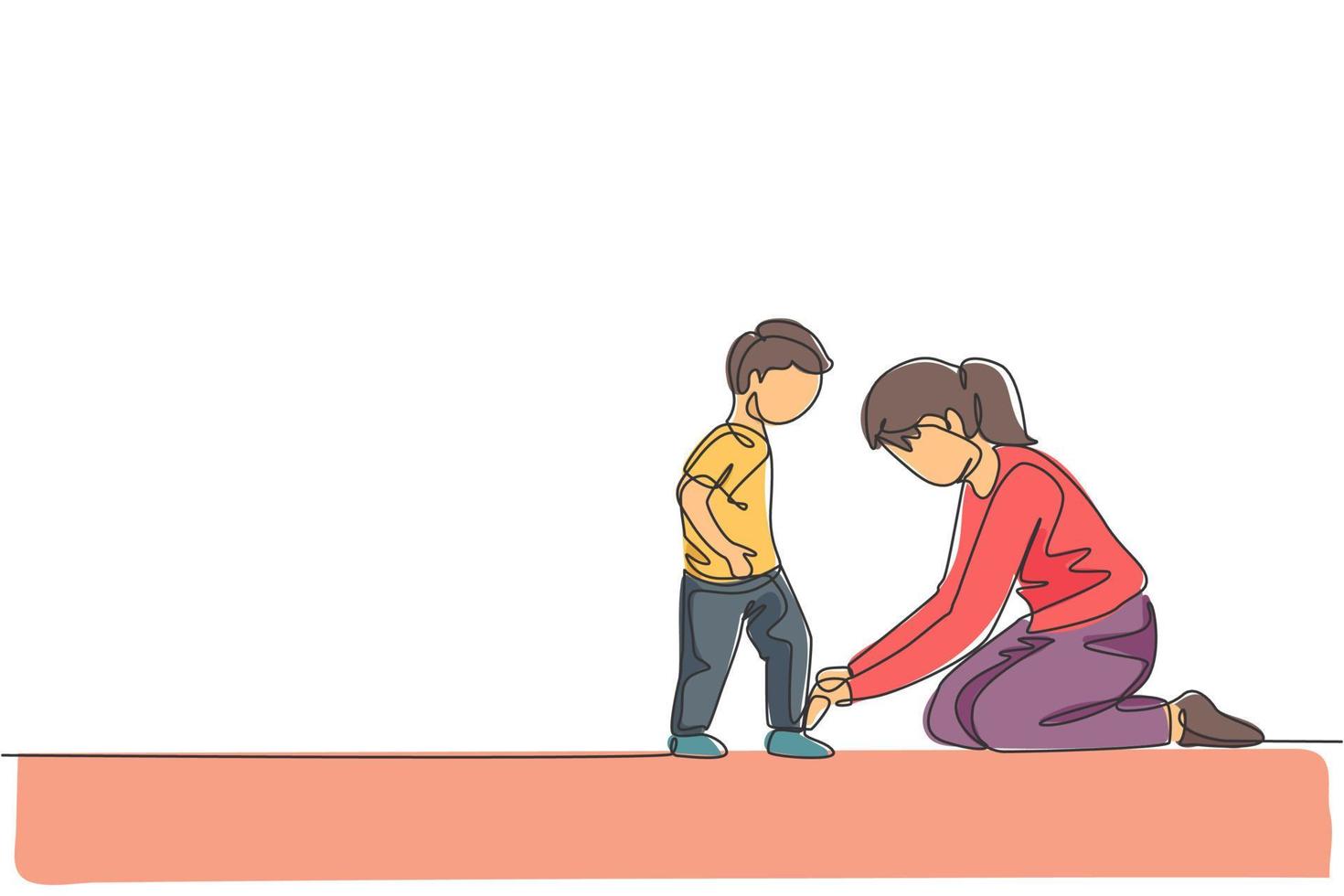 One continuous line drawing young happy mom at home tying her son shoelaces before going to school in the morning. Family parenting concept. Dynamic single line draw design vector illustration graphic