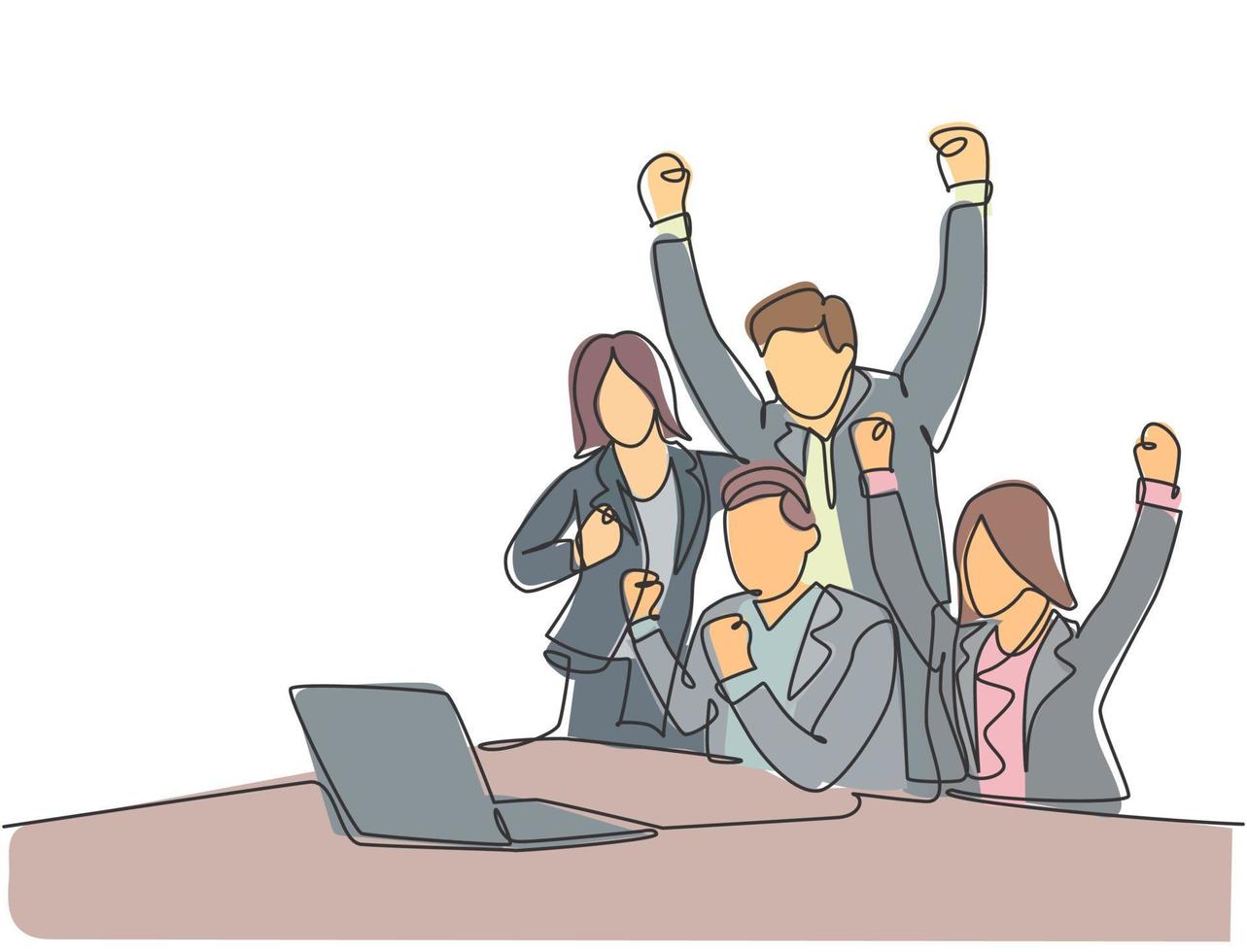 One continuous line drawing of young happy male start up CEO and his subordinates celebrating their success achieve the business target. Team work goal concept single line draw design illustration vector