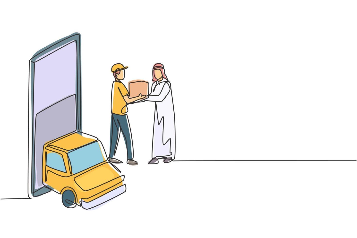 Single one line drawing delivery box car comes out partly from smartphone screen and courier gives package box to Arabian male customer. Modern continuous line draw design graphic vector illustration