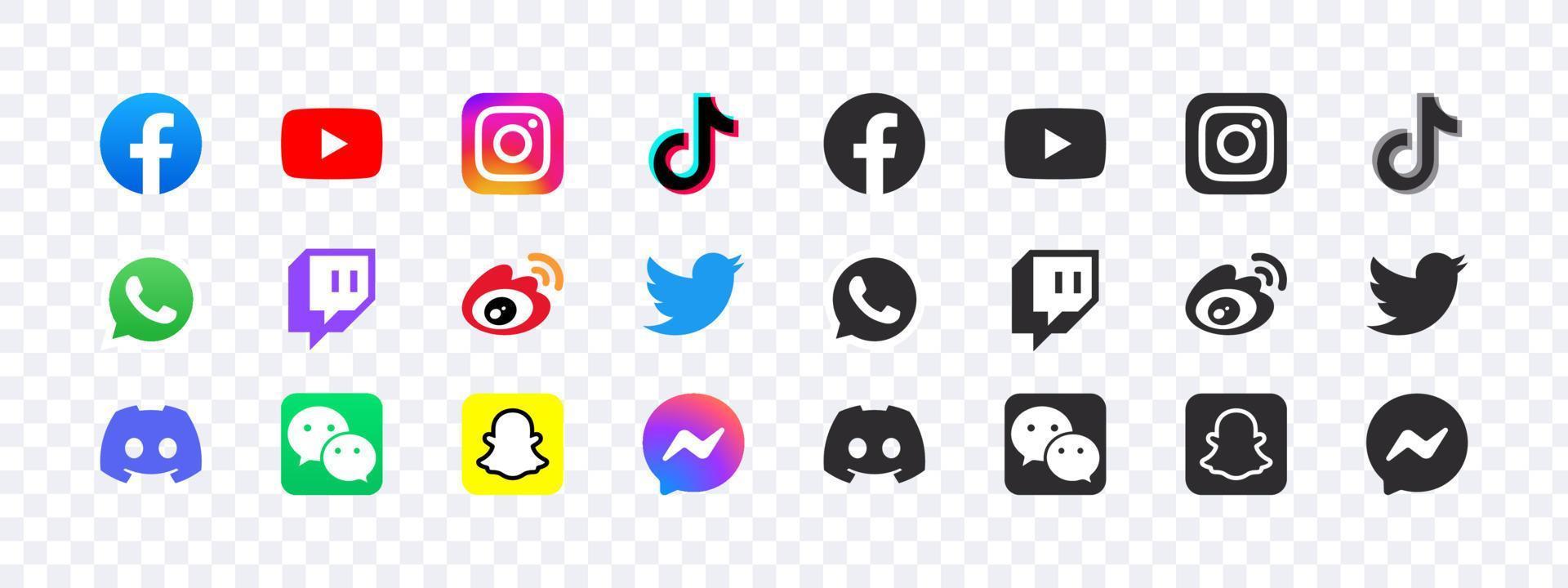 VINNITSA, UKRAINE - FEBRUARY 20, 2023. Top Social media 2023. Facebook, YouTube, WhatsApp, Instagram, WeChat, TikTok, Facebook Messenger, Douyin, Weibo, Snapchat, Twitter, Discord, Twitch. Vector logo