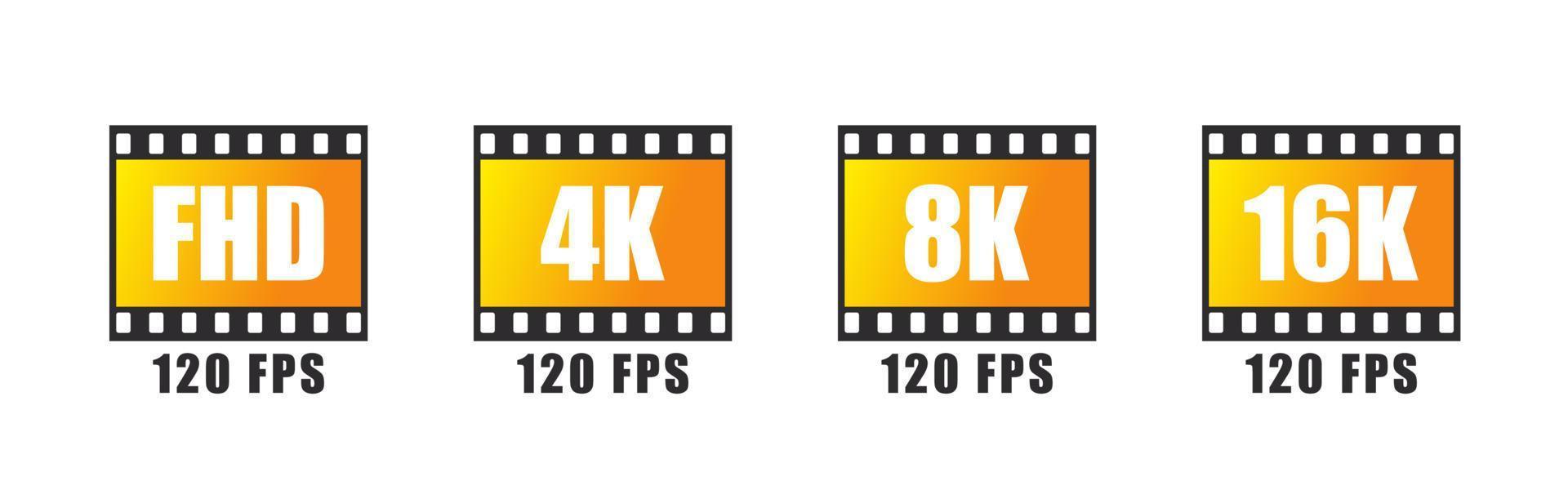 vídeo resolución íconos colocar. vídeo imagen tamaño. lleno alta definición, 4k ultra alta definición, 8k 16k pantalla resolución insignias vector ilustración