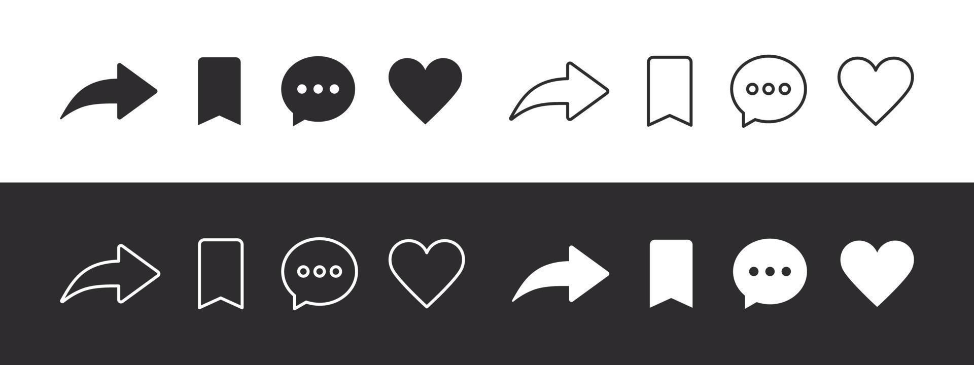 Social network signs set. Like, comment, share and save icons. Social media functional icons. Vector images