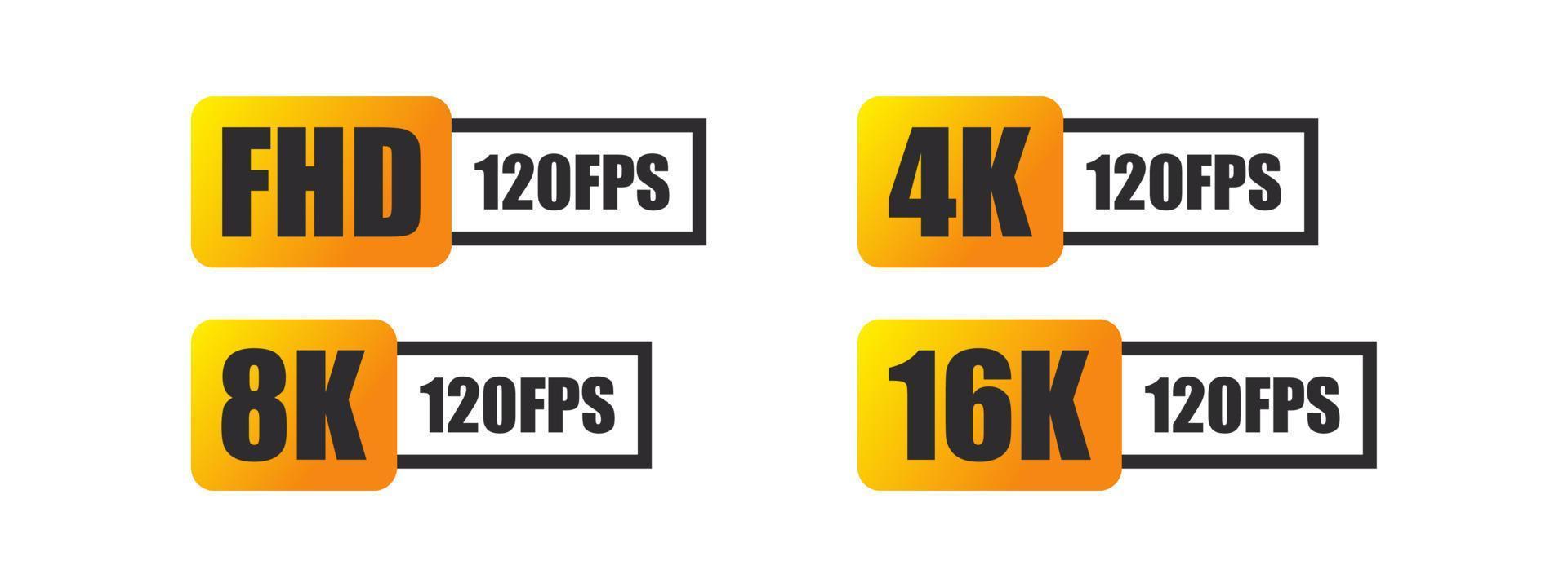 Ultra HD icons. Video or screen resolution icons set. Full HD, 4k ultra HD, 8k 16k screen resolution badges. Vector illustration
