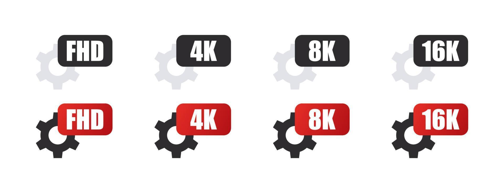 vídeo resolución engranaje íconos colocar. lleno alta definición, 4k ultra alta definición, 8k 16k pantalla resolución insignias ultra hd iconos vector ilustración