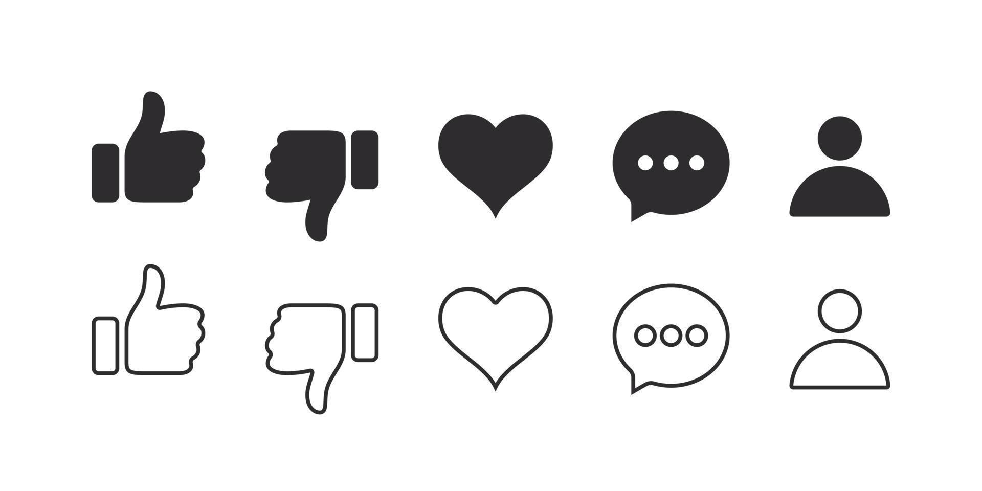 Like, comment, heart and user icons. Social media functional icons. Vector images