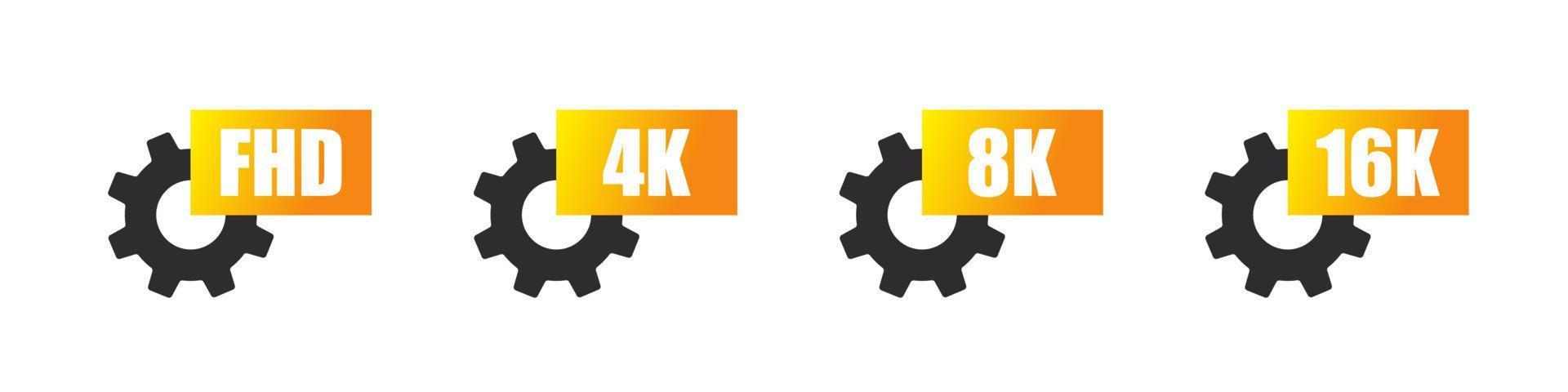 Video resolution gear icons. Full HD, 4k ultra HD, 8k 16k screen resolution badges. Vector illustration