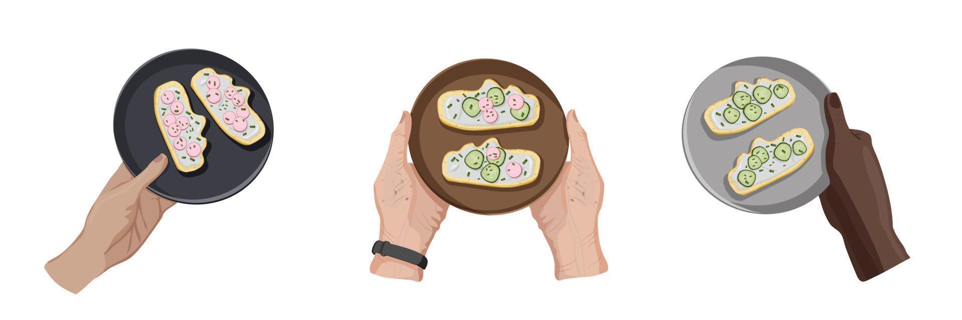 Different hands taking plates with various vegan sandwiches. Result of cooking together. Top view. Vector isolated concept