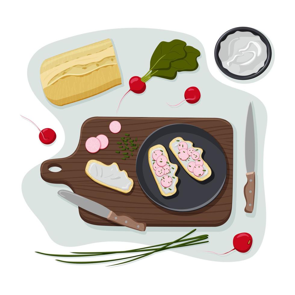 Healthy vegan sandwich with raddish on the plate. Ingredients for vegetarian snack, breakfast, lunch with kitchenware. Top view. Isolated vector flat concept