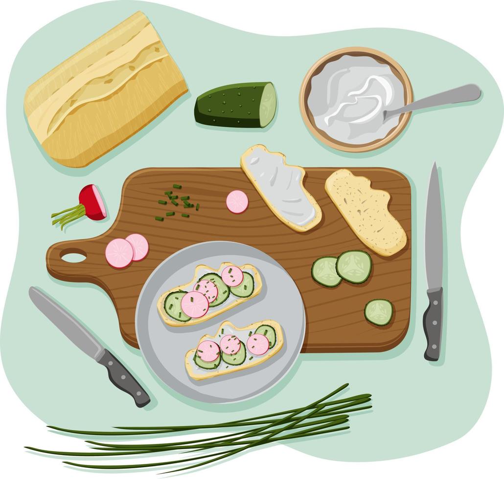 Healthy vegan sandwich with cucumber and radish on the plate. Ingredients for vegetarian snack, breakfast, lunch with kitchenware. Flat lay. Isolated vector flat concept