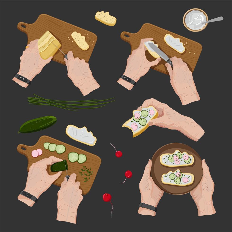 antiguo mujer manos corte pan, extensión crema queso, corte Pepino y manteniendo sano vegano emparedado en oscuro antecedentes. proceso de cocinando. parte superior vista. vector aislado plano imágenes conjunto