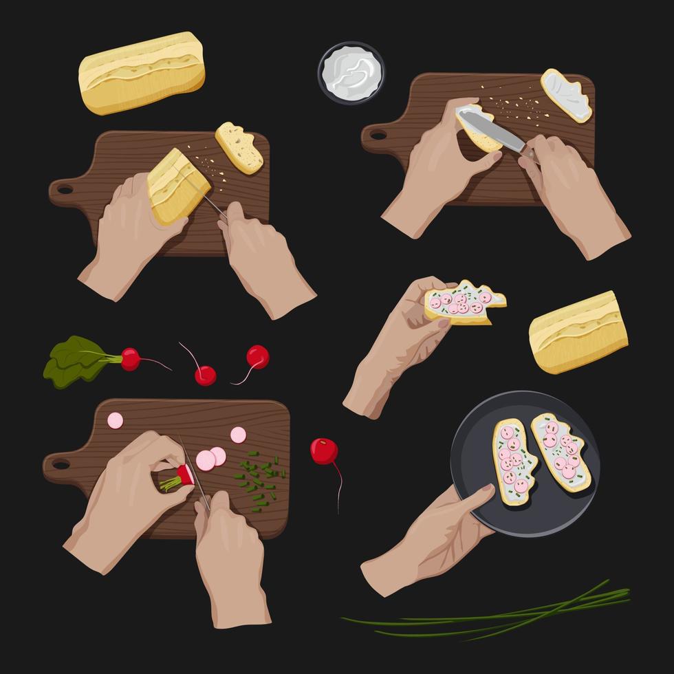 Young adult hands cutting bread, spreading cream chese, cutting radish and kepping healthy vegan sandwich on dark background. Process of cooking. Personal point of view. Vector isolated pictures set