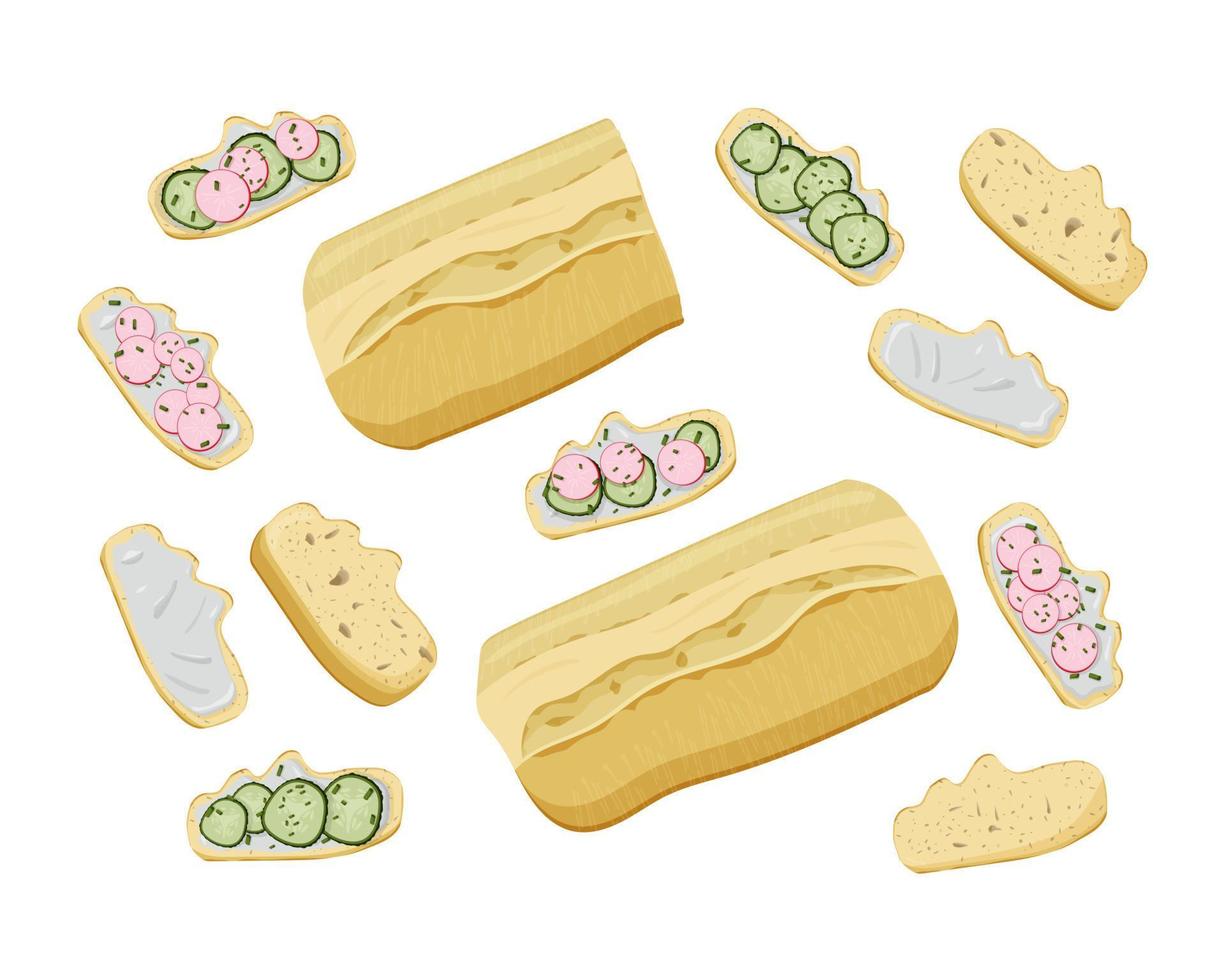 Healthy vegan or vegetarian set of snacks and sandwiches. Fresh bread, slice of bread with cream cheese, slices of radish, cucmber and spring onion. Top view. Vector flat stickers