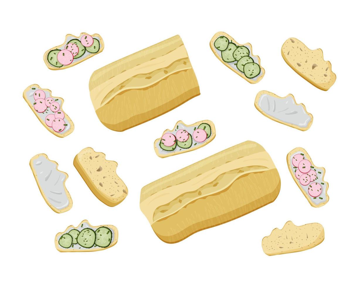 sano vegano o vegetariano conjunto de meriendas y sándwiches Fresco pan, rebanada de un pan con crema queso, rebanadas de rábano, pepino y primavera cebolla. parte superior vista. vector plano pegatinas