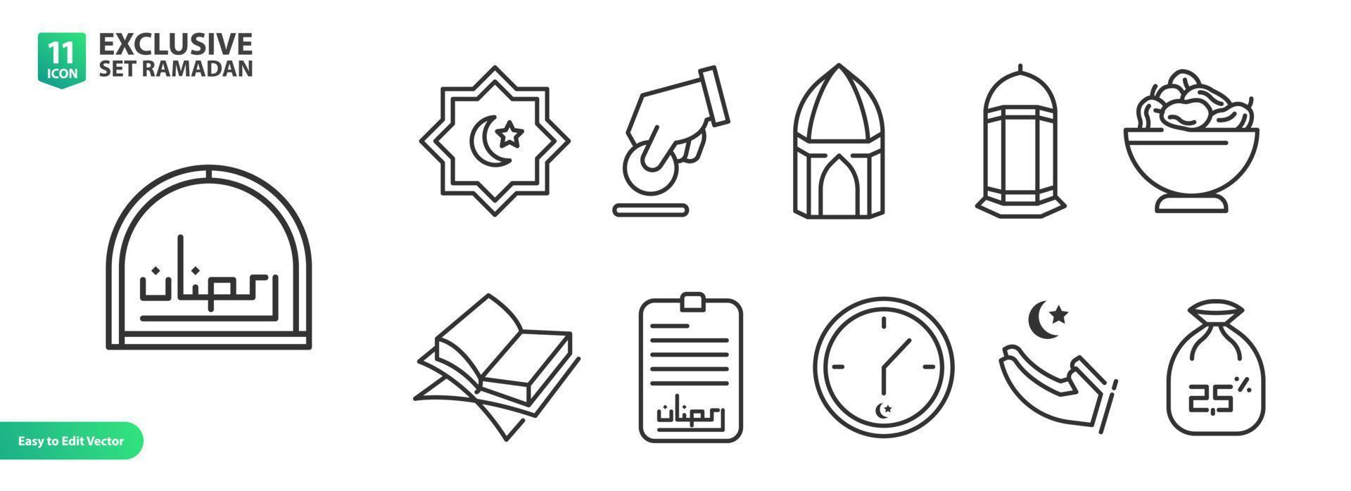 Islamic icon with thin line style, use for islamic event assets, ramadan kareem, eid mubarak. Islamic Line Art Icons Set. Ramadan Kareem Line Vector Icons.