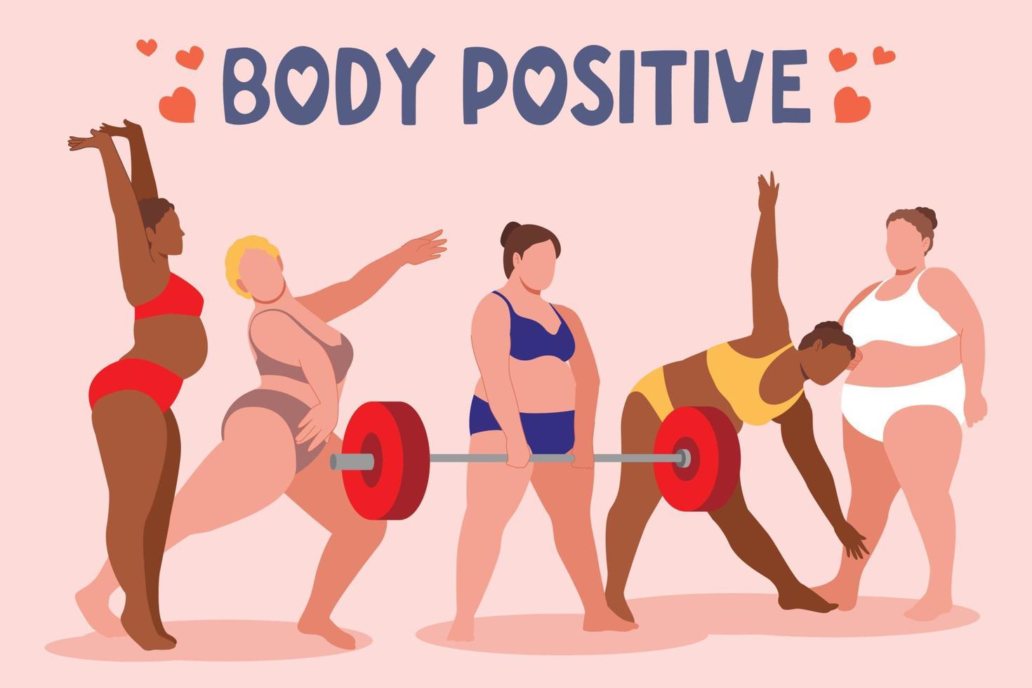 I love my body. Body positive, plus size girl, overweight woman stretching. For Fat acceptance movement, curvy girl in swimwear, bathing suits. Vector illustration.