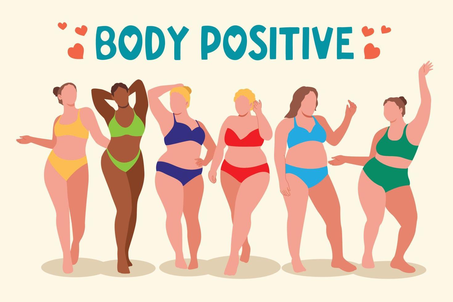 I love my body. Body positive, plus size girl, overweight woman stretching. For Fat acceptance movement, curvy girl in swimwear, bathing suits. Vector illustration.