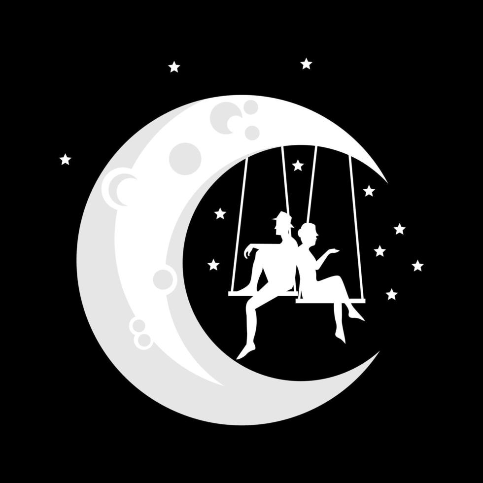 silhouette of a couple of lovers on the moon logo design template vector