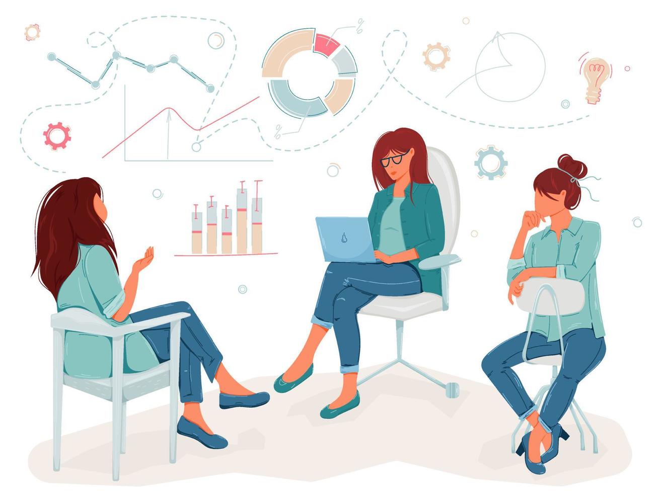 Group of women sitting and talking discussing the data. Vector illustration concept of corporate meeting, brainstorm, team discussion, conversation, business communication
